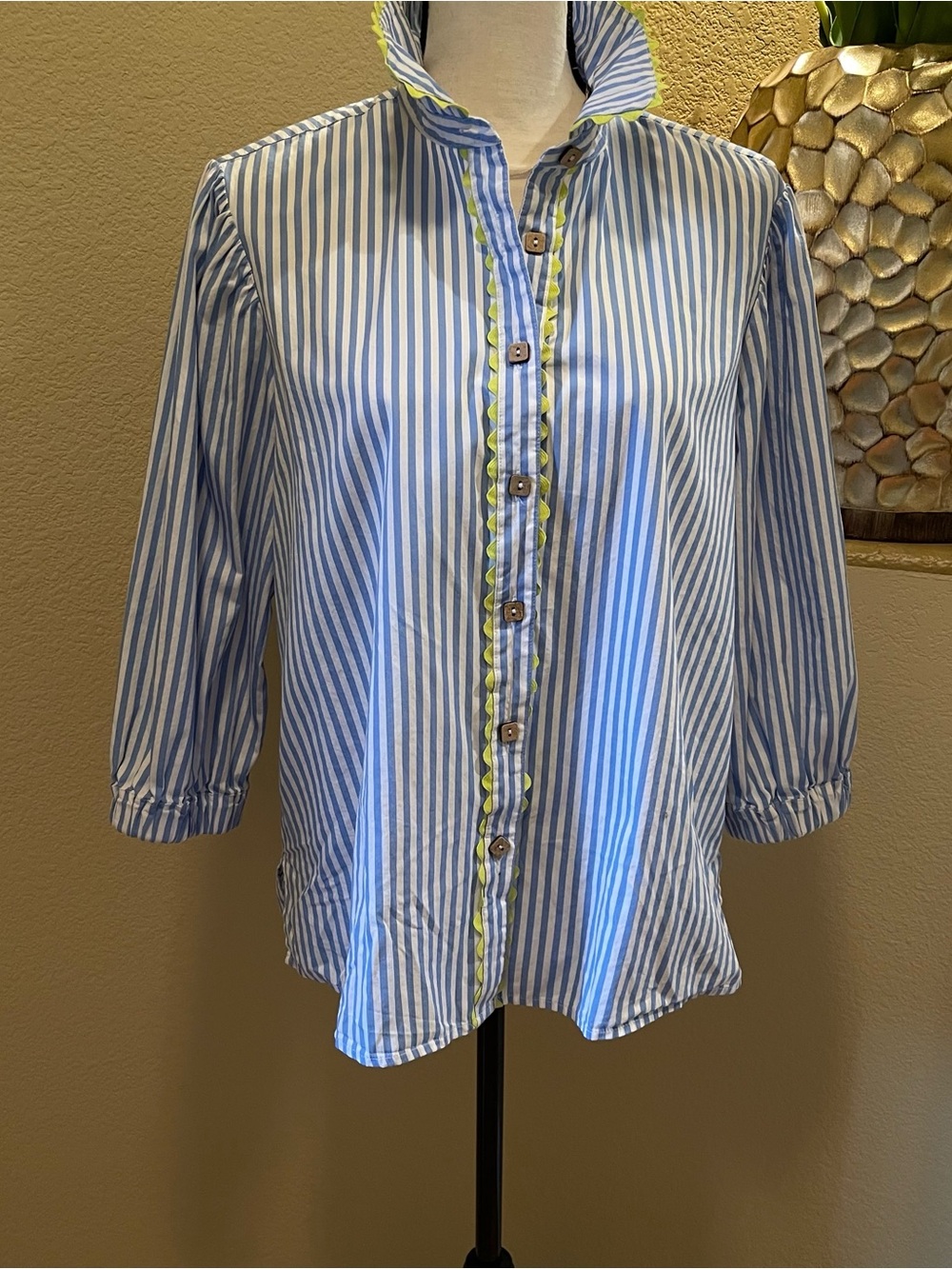 Ali Miles Blue & White Striped Top with Lime Trim